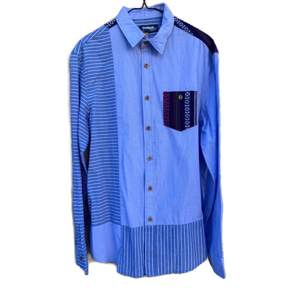 Desigual Man Cam Javier Patchwork Button Down Shirt Large NWT